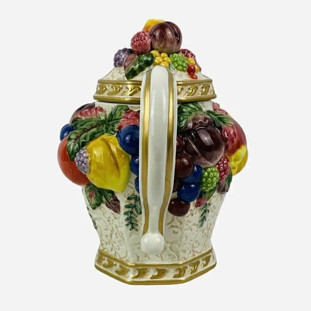 Vintage Fitz and Floyd Venezia Teapot Embossed Fruit Gold Trim Handpainted READ